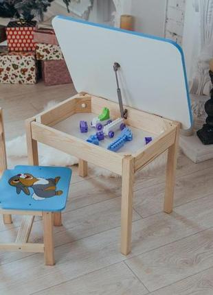 Столик детский прямоугольный с ящиком и стульчиком зайчик 46х60х45 см синий (5421-4021)2 фото