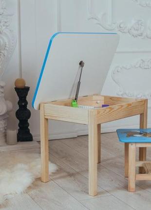 Столик детский прямоугольный с ящиком и стульчиком зайчик 46х60х45 см синий (5421-4021)3 фото