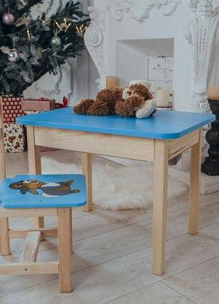 Столик детский прямоугольный с ящиком и стульчиком зайчик 46х60х45 см синий (5421-4021)7 фото