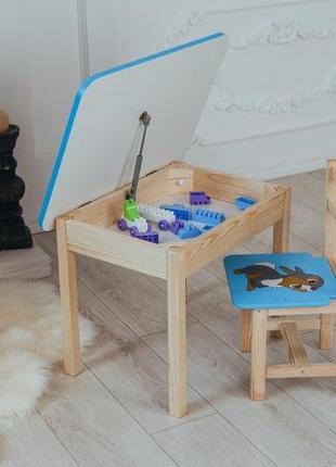 Столик детский прямоугольный с ящиком и стульчиком зайчик 46х60х45 см синий (5421-4021)6 фото