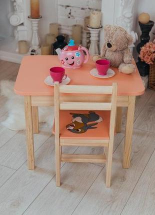 Столик детский прямоугольный с ящиком и стульчиком зайчик 46х60х45 см персиковый (5431-4031)4 фото