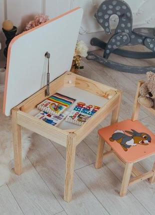 Столик детский прямоугольный с ящиком и стульчиком зайчик 46х60х45 см персиковый (5431-4031)3 фото