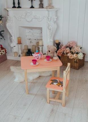Столик детский прямоугольный с ящиком и стульчиком зайчик 46х60х45 см персиковый (5431-4031)5 фото