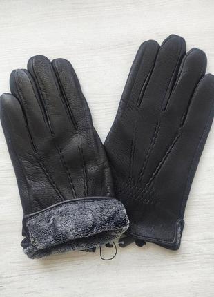 Шкіряні чоловічі рукавички з оленячої шкіри, підкладка махра1 фото