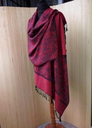Широкий кашеміровий шарф палантин тонка вовна червоно чорний2 фото