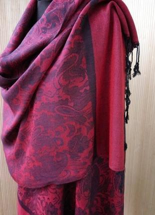 Широкий кашеміровий шарф палантин тонка вовна червоно чорний3 фото