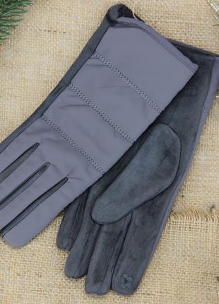 Женские сенсорные перчатки замшевые с плащевкой на меху 3 полосы осень-зима размер m графитовый1 фото