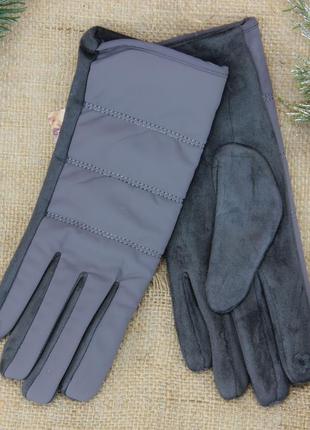 Женские сенсорные перчатки замшевые с плащевкой на меху 3 полосы осень-зима размер m графитовый4 фото