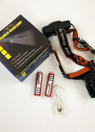 Налобный фонарь с 2 аккумуляторами и 3 режимами работы / водонепроницаемый фонарик на голову bl-2189 t6 с3 фото