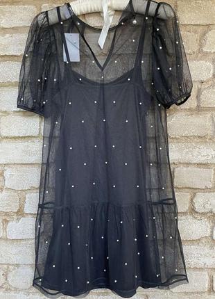Ошатне сітчасте плаття з бісером розмір s-xs h&m чорне маленьке6 фото