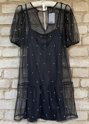Ошатне сітчасте плаття з бісером розмір s-xs h&m чорне маленьке8 фото