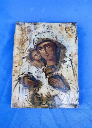 Стара старовинна ікона написана на дереві божа мати з маленьким ісусом христом1 фото