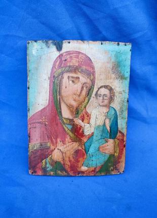 Стара старовинна ікона написана на дереві божа мати з маленьким ісусом христом1 фото