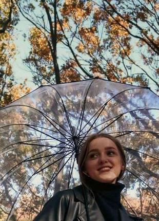 Прозора жіноча парасолька-тростина в стилі "birdcage" з 16 спицями та напівавтоматичним відкриттям, антишторм7 фото
