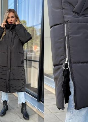 Тепла довга стьобана курточка оверсайз із капюшоном чорна синя хакі зефірка пальто пуховик парку шубка зимова осінна вільна6 фото