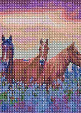 Алмазная мозаика на деревянном подрамнике 40х50 "лошади на цветочном поле" dbs10181 фото