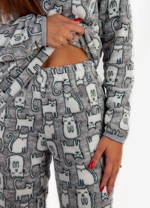 5цветов🌈тёплая махровая пижама звезды, котики, леопардовая, сиреневая, мягкая женская пижама велсофт, теплая махровая пижама4 фото