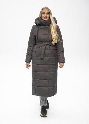 Стильное женское зимнее пальто с капюшоном кофейное-серое