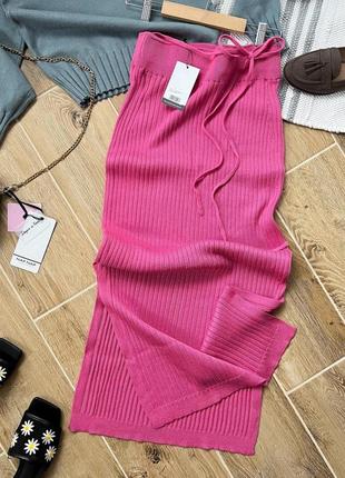 Вязаная юбка-миди темно-розовая с разрезами по бокам и завязками на талии❗в наяв. 1шт❗
