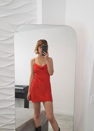 Красное атласное мини-платье, красное платье, платье в пижамном стиле