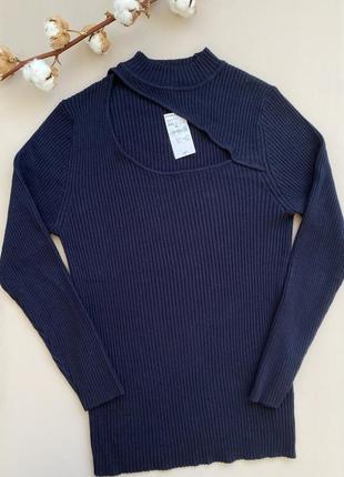 Синий джемпер кофта в рубчик с оригинальным вырезом декольте