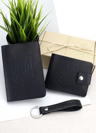 Подарочный мужской набор №74: портмоне + ремень + брелок (черный матовый)1 фото