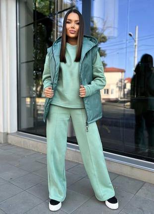 Костюм тройка жилетка безрукавка жилет теплый кофта толстовка свитшот брюки палаццо прямые штаны со швами молоко черный фисташка мокко серый