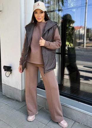 Костюм тройка жилетка безрукавка жилет теплый кофта толстовка свитшот брюки палаццо прямые штаны со швами молоко черный фисташка мокко серый