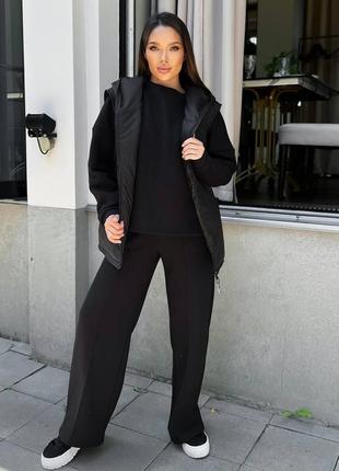 Костюм тройка жилетка безрукавка жилет теплый кофта толстовка свитшот брюки палаццо прямые штаны со швами молоко черный фисташка мокко серый