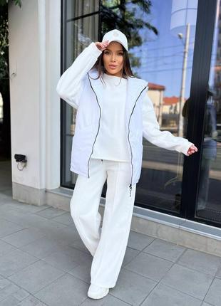 Костюм тройка жилетка безрукавка жилет теплый кофта толстовка свитшот брюки палаццо прямые штаны со швами молоко черный фисташка мокко серый