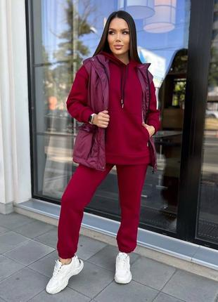 Костюм тройка жилетка безрукавка худи толстовка кенгуру брюки штаны джоггеры на резинке черный електрик изумруд бордовый мокко фисташка пудра