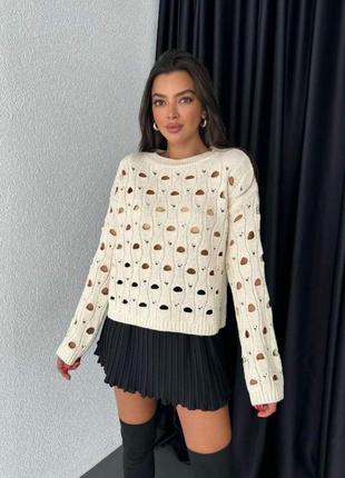 Світер джемпер кофта кофтинка в’язаний рванка з дирками рваностями плотний оверсайз базовий об’ємний стильний тренд зара zara