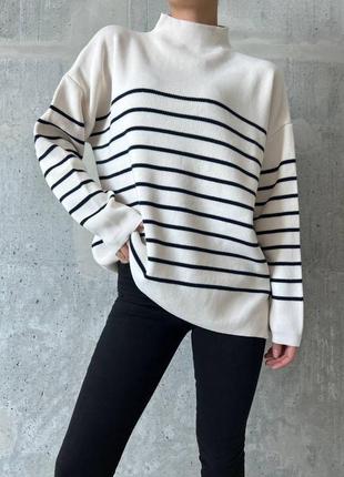 Свитер удлиненный джемпер кофта кофточка вязаный оверсайз базовый объемный стильный в полоску полоску тельняшка с пуговицами сбоку тренд зара zara