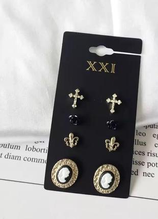 Сет 4 пары сережек камея, роза, крест, королевская лилия
