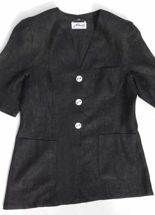 Льняной чёрный пиджак, тренч, жакет с коротким рукавом и принтом чёрное на чёрном.1 фото