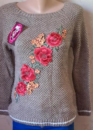 Светр новий зимовий, кофта жіноча , в'язаний светр, светр з квітковою вишивкою, турція, туреччина джемпер