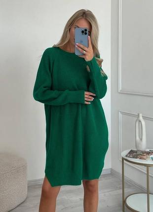 Вязаное платье туника удлиненный свитер джемпер чёрное серое кемел зелёное трикотажное платье теплое