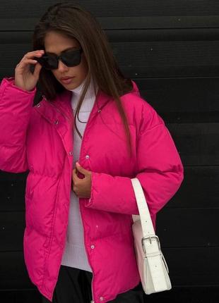 Куртка свободного кроя с капюшоном курточка оверсайз плащевка на силиконе стильная базовая трендовая теплая черная белая розовая