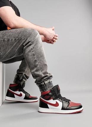 Мужские кроссовки высокие nike air jordan 1 high black wine white найк аир джордан высокие черние с к