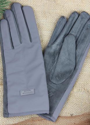 Женские сенсорные перчатки замшевые с плащевкой на меху с нашивкой осень-зима размер s-m графитовый