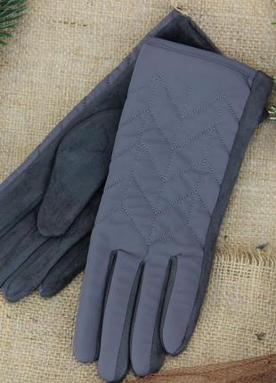 Жіночі сенсорні рукавички замшеві з плащівкою на хутрі зигзаг осінь-зима розмір m графітовий