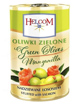 Оливки іспанські зелені фаршировані лососем helcom, 280г, ж/б, польща