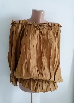 🌹горчичная блуза открытые плечи с объёмными рукавами🌹топ в стиле бохо, кантри1 фото