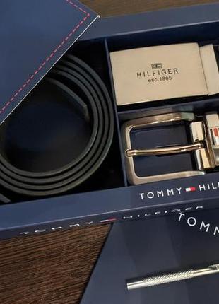 Ремень мужской кожаный с двумя пряжками tommy hilfiger + подарочная упаковка