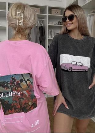 Крута подовжена футболка-туніка графіт варьонка туреччина з принтом мікі,машина рожева,california♥️8 фото