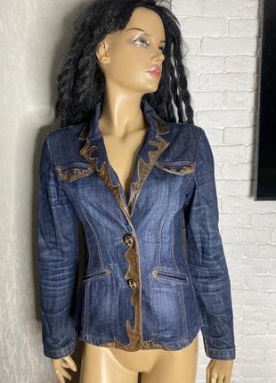 Винтажный джинсовый пиджак жакет декорирован кожей франция parle de vois, s-m
