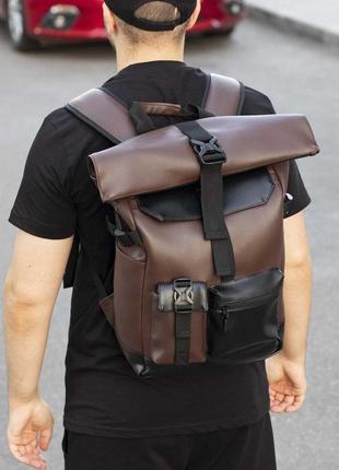 Мужской рюкзак ролл топ с отделением под ноутбук из экокожи коричневый rolltop большой городской10 фото