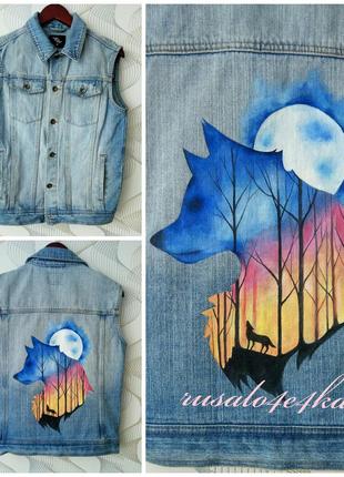 Джинсовка джинсовая жилетка оверсайз ручная роспись