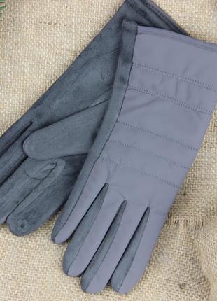 Жіночі сенсорні рукавички замшеві з плащівкою на хутрі смужки осінь-зима розмір m-l графітовий