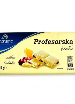 Шоколад білий зі шматочками апельсина, родзинок і арахіс magnetic profesorska, 180 г, польща